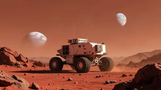 A futuristic Mars rover, Perseverance or Curiosity, on the red Martian landscape, with the Earth visible in the distance. The rover is surrounded by rocky terrain and a dusty, reddish-orange sky. High-resolution, realistic photo.