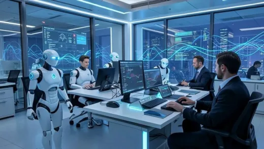 A futuristic office setting where AI robots are collaboratively working with humans, representing the "agentic AI" era, with data flowing in the background.