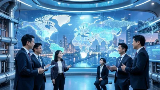 A futuristic oil refinery in South Korea with a diverse global team looking at a world map, symbolizing international demand and advanced technology.