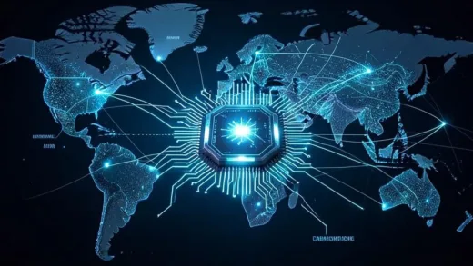A futuristic semiconductor chip with glowing circuits, symbolizing advanced technology and innovation, set against a backdrop of a global map with lines connecting different regions, indicating international challenges and breakthroughs. The overall mood is ambitious and resilient.