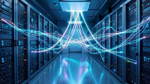 A futuristic server room with glowing optical fibers connecting numerous AI chips, illustrating massive investment and strategic focus.