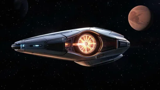 A futuristic spacecraft with a glowing nuclear reactor core drifting through deep space, Mars visible in the distance, sleek metallic hull design, cinematic lighting, 4K resolution