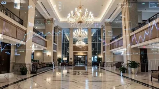 A grand luxury hotel lobby with marble floors and a chandelier, but with a subtle overlay or background showing abstract financial charts and digital interfaces, illustrating the unseen financial power behind the physical building.