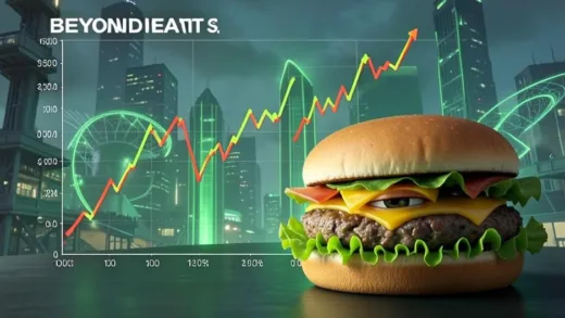 A graph showing the dramatic rise and fall of Beyond Meat stock price, with a plant-based burger in the foreground looking a bit sad. The background depicts a futuristic city with green energy. Soft lighting, realistic illustration style.