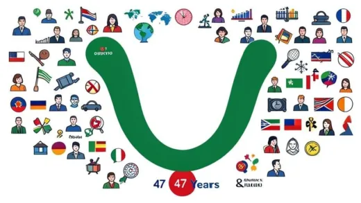 A graphic illustration of a U-shaped happiness curve, with the lowest point clearly marked around 47 years old, surrounded by various demographic symbols representing different countries and people. The image should convey a sense of global statistical data and a universal human experience.
