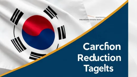 A graphic showing a steeply rising line graph representing carbon reduction targets, with a worried South Korean flag in the background and a subtle indication of international pressure.