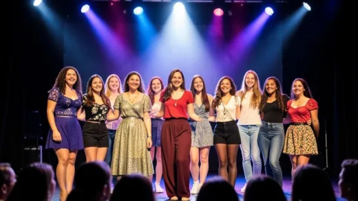 A group of diverse young women, smiling and hopeful, standing on a stage with bright spotlights, symbolizing a new beginning in a talent show.