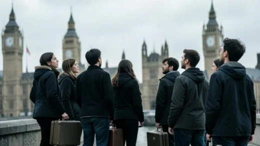 A group of young, diverse people looking determinedly at a distant horizon, holding small suitcases, with a faint, blurred background of iconic London landmarks. The overall mood is thoughtful and slightly melancholic, suggesting departure.