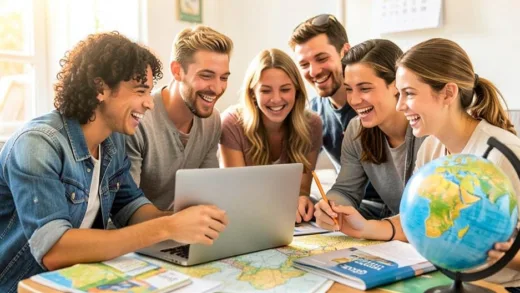 A group of young, happy friends excitedly planning a weekend overseas trip on a laptop, surrounded by travel guides and maps, a globe nearby, bright and energetic lighting, 2026 calendar visible subtly.