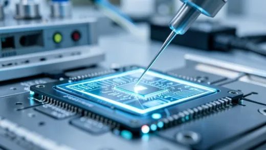 A highly detailed, close-up shot of a tiny, hair-thin inspection pin (Leeno Pin) delicately touching the surface of a futuristic, glowing AI chip, surrounded by advanced testing equipment in a cleanroom environment, emphasizing precision and high technology.