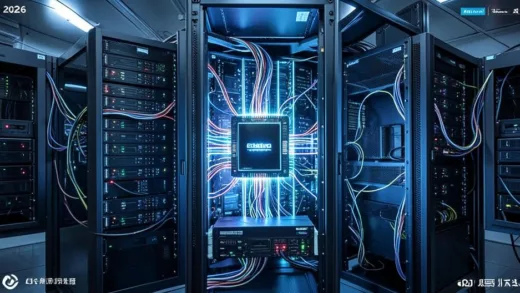 A highly detailed, futuristic server rack glowing with integrated components, showcasing a seamlessly connected CPU and GPU, radiating efficiency and power within an advanced AI data center in 2026.