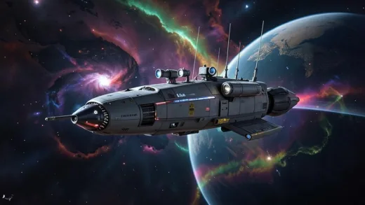 A highly detailed image of a sleek, futuristic unmanned spacecraft exploring a distant, mysterious exoplanet with colorful nebulae in the background. The spacecraft has multiple sensors and antennas.