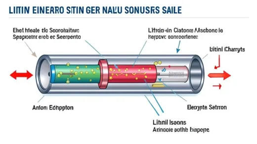 A highly detailed, modern infographic illustrating the internal components of a lithium-ion battery: anode, cathode, separator, electrolyte, and lithium ions. Show the flow of ions during charging with arrows. Educational, clear, scientific art style.