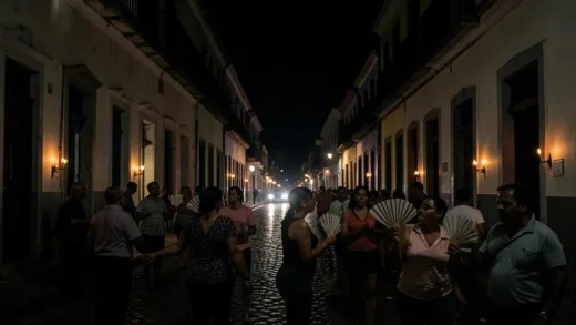 A highly detailed, realistic image showing a Cuban street at night in 2026, completely dark except for a few flickering candles from houses and the faint glow of distant car headlights. People are gathered outside, fanning themselves in the heat, looking tired and anxious. The architecture is colonial Cuban.