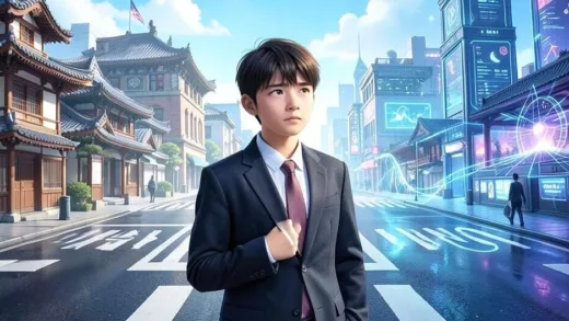 A highly intelligent young student standing at a crossroads, one path leading to a traditional well-established profession, and the other to a futuristic, high-tech industry. The student looks thoughtful, choosing their future career path, bright and hopeful, digital art.