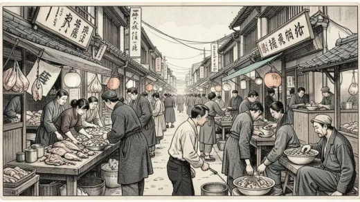 A historical illustration of a bustling, modest market street in Osaka's Ikuno-ku during the early 20th century, with Zainichi Koreans preparing and selling offal dishes. Show a sense of community and hardship, with traditional Japanese and Korean elements. The atmosphere is resilient and vibrant despite the challenges.