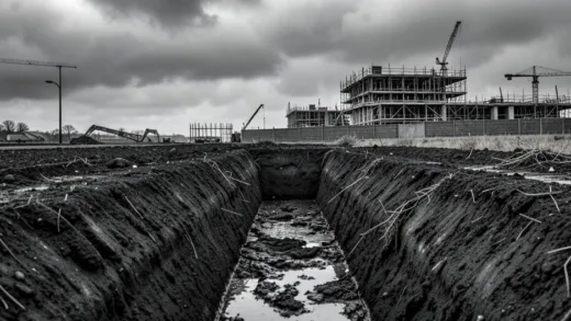 A historical photo of a WWI trench in the Somme region, with a modern construction site visible in the background, symbolizing the overlap of history and future infrastructure. Gloomy sky, muddy ground.