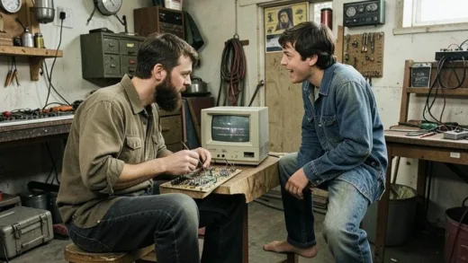 A historical scene from a cramped 1970s garage in Los Altos, California. A young, bearded man is soldering a circuit board, while Steve Jobs, in jeans and barefoot, passionately converses with him. An early Apple I computer (circuit board on a wooden plank) is visible.