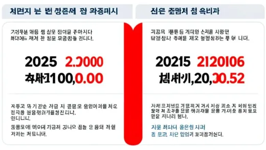 A对比 infographic showing two different payment amounts for employed vs regional subscribers, with large gap highlighted in red, Korean text comparing 2025 and 2026 support criteria