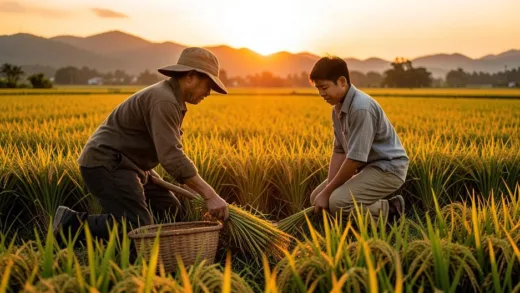 A Korean farmer and a Cambodian young worker harvesting rice together in a vast golden paddy field at sunset, warm lighting, realistic photographic style, emotional and cinematic composition