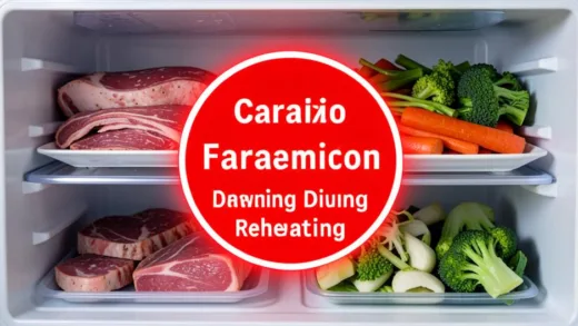 A Korean kitchen refrigerator interior, processed meats and cooked vegetables inside, with a glowing red warning symbol overlay representing carcinogen formation during reheating, photorealistic style