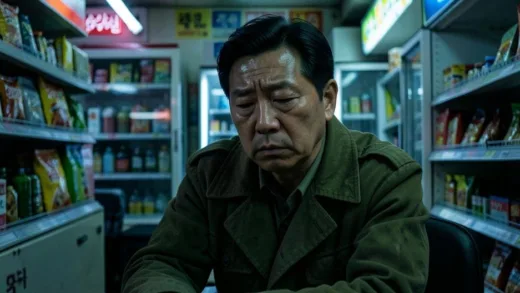 A Korean man in his 40s sitting alone at a late-night convenience store, looking tired and defeated, wearing an old military coat, moody neon lights reflecting on his face, cinematic composition, dramatic shadows, emotional Korean drama style