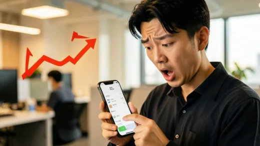 A Korean office worker looking at their smartphone banking app with a shocked expression, showing decreasing balance while inflation arrows point upward, modern office background, realistic style, warm lighting