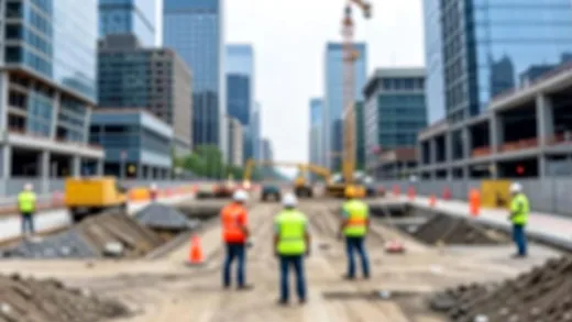 A large construction site in a modern city, with a focus on safety measures and workers. The scene is slightly blurred to emphasize the concept of safety vs. shoddy work.