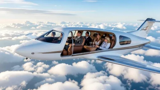 A luxurious private jet flying high in the sky, with people enjoying champagne inside, representing fractional ownership and a VIP experience.