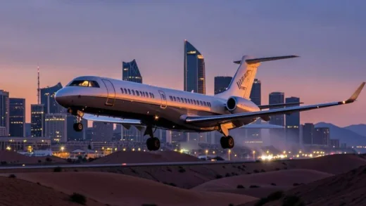 A luxurious private jet taking off from a modern city skyline at dusk, symbolizing urgent departure, with a desert landscape in the background.