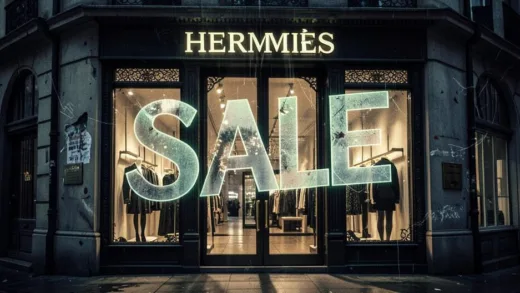 A luxury Hermès storefront with a 'Sale' sign overlayed in a surreal, dystopian style, reflecting the decline of the luxury market, high-end fashion, cinematic lighting