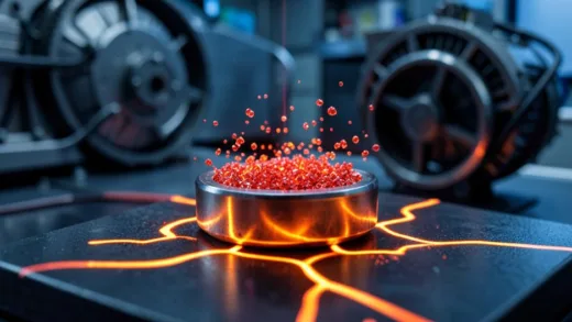 A macro shot of a rare earth magnet with glowing thermal heat lines around it, showing dysprosium particles being added to a neodymium magnet matrix, futuristic lab environment, electric vehicle motor in background, photorealistic style, cinematic lighting