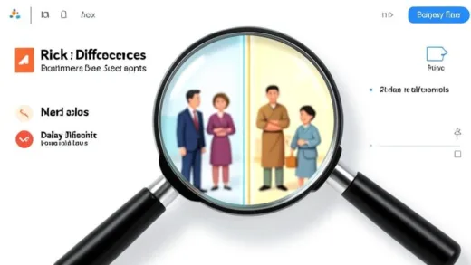 A magnifying glass examining a blurred image of two distinct groups of people (rich and poor) with a clear dividing line, symbolizing the core differences in their daily habits, bright and optimistic lighting, modern infographic style.
