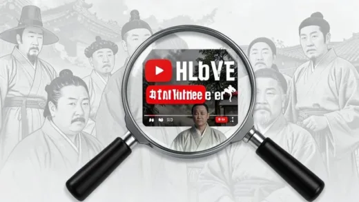 A magnifying glass over a YouTube video thumbnail, indicating scrutiny, with a background of historical Korean figures, in a clean, modern digital style.