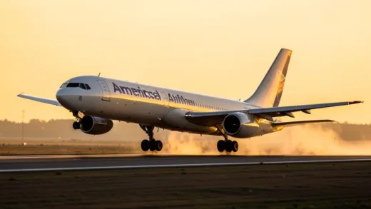 A majestic American Airlines airplane in the golden light of dawn, taking off from a vast runway, with a subtle hint of struggle or challenge in the background, professional blog photography style.