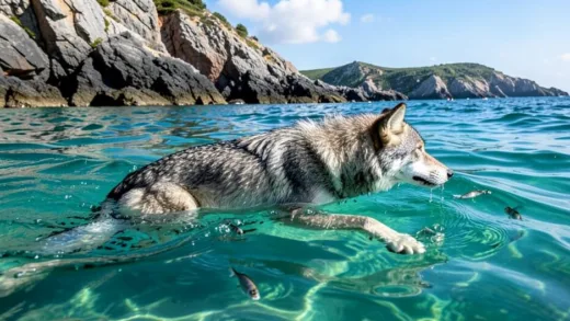 A majestic gray wolf swimming gracefully in clear, turquoise ocean water near a rugged, rocky coastline under a bright sky. Several small fish are visible in the water around the wolf. The image should be dramatic, realistic, and in a wildlife photography style, capturing the wolf's powerful yet fluid movement in the marine environment.