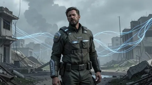 A man in a futuristic yet practical uniform, looking weary, standing in a desolate, semi-urban landscape with quantum cables stretching into the distance.