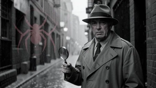 A man with a weary expression, wearing a trench coat and fedora, standing in a dimly lit, rainy alleyway in a 1940s film noir style New York city. He holds a magnifying glass, and a faint, almost ghostly red spider-logo silhouette is visible in the background, symbolizing his past.