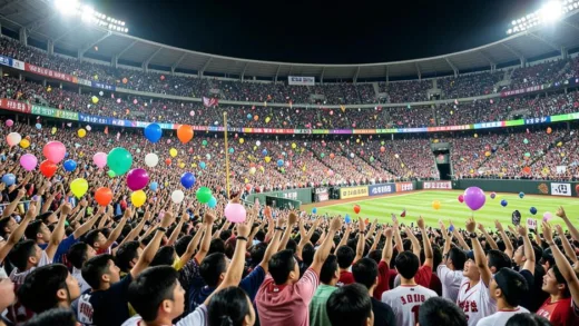 A massive crowd of Korean baseball fans cheering in a packed stadium, colorful cheering balloons and banners everywhere, stadium lights illuminating the night, energetic atmosphere with fans waving, photorealistic style