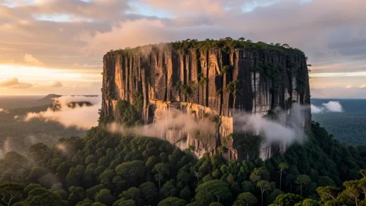 A massive flat-topped tepui mountain rising dramatically from the Amazon jungle, vertical cliffs covered in mist, clouds surrounding the summit, cinematic wide shot at sunrise, photorealistic style
