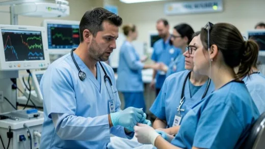 A medical professional in a busy emergency room, looking intently at a patient's chart with alarming readings. Medical equipment and a blurred background of hospital activity convey a sense of urgency and critical discovery regarding unseen health risks.