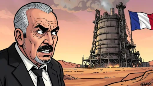 A menacing cartoonish depiction of Saddam Hussein looking at a large, ominous nuclear reactor under construction, with a French flag subtly in the background, set in a desert landscape.