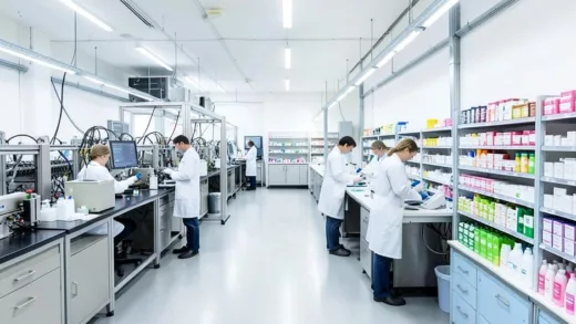 A modern K-beauty ODM factory interior with automated production lines, scientists in white lab coats working on cosmetic formulations, and rows of finished skincare products being packaged, bright clean lighting, professional atmosphere, wide angle shot