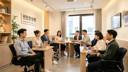 A modern Korean matchmaking agency office with young professionals in their 20s and 30s sitting in consultation rooms, warm lighting, friendly atmosphere, professional counselors with laptops, contemporary Korean interior design
