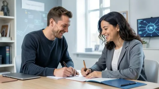 A modern parent in 2026, actively engaging with their child, perhaps helping with homework or playing together, symbolizing a shift from traditional roles to a more managerial, friendly approach. The background shows subtle hints of AI technology integrated into daily life.