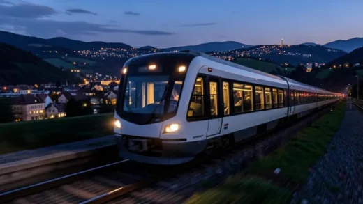 A modern, sleek night train speeding through a picturesque European landscape at dusk, with city lights twinkling in the distance. The train features large windows and a sense of motion.