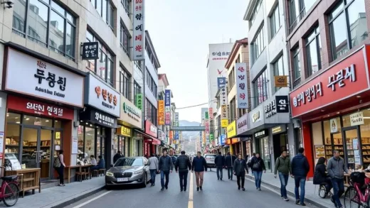 A modern street in Ulaanbaatar, Mongolia, showing Korean brand stores, cafes, and bakeries with Cyrillic and Korean signage, looking very similar to a Korean new town like Dongtan or Sejong City, busy urban atmosphere, daytime, photorealistic style.