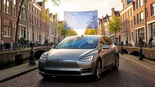 A modern Tesla Model Y driving through a picturesque Amsterdam street with canals and traditional Dutch architecture, digital blue navigation lines glowing on the windshield, a subtle European Union flag hologram floating above the car, hyperrealistic style with golden hour lighting