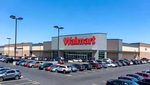 A modern Walmart supercenter in the United States with a bold 'Walmart' sign, surrounded by a large parking lot filled with cars, showing the scale of America's largest retailer under a bright blue sky