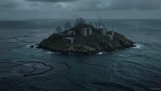 A mysterious, isolated island in the middle of a vast, almost dried-up sea, with subtle hints of abandoned, desolate buildings. The atmosphere is eerie and forgotten, capturing the essence of a secret bioweapon testing site.